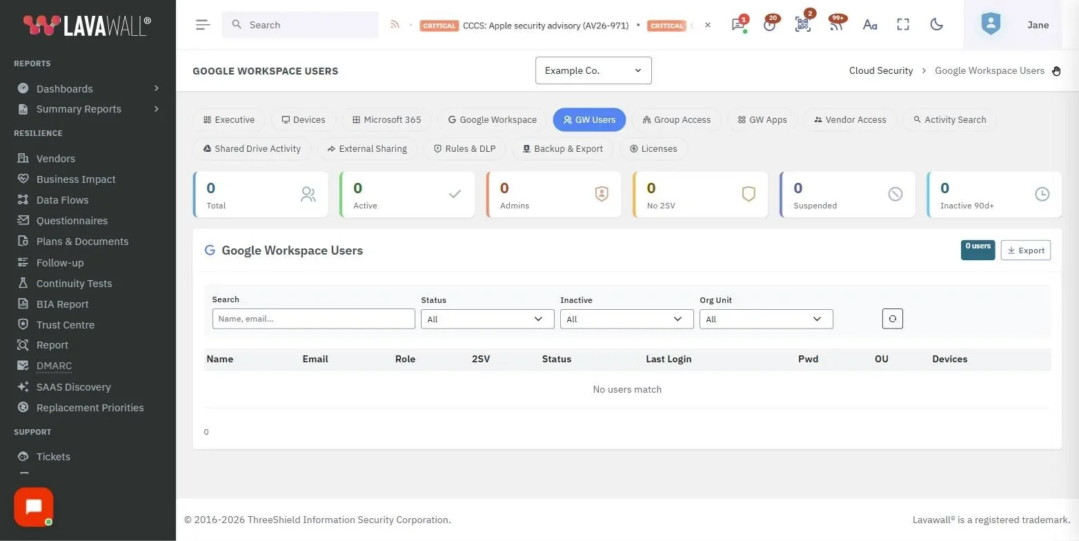 La page Utilisateurs Google Workspace de la console Lavawall, avec les tuiles sommaires, les filtres et les utilisateurs Google Workspace, à partir de données d’exemple.