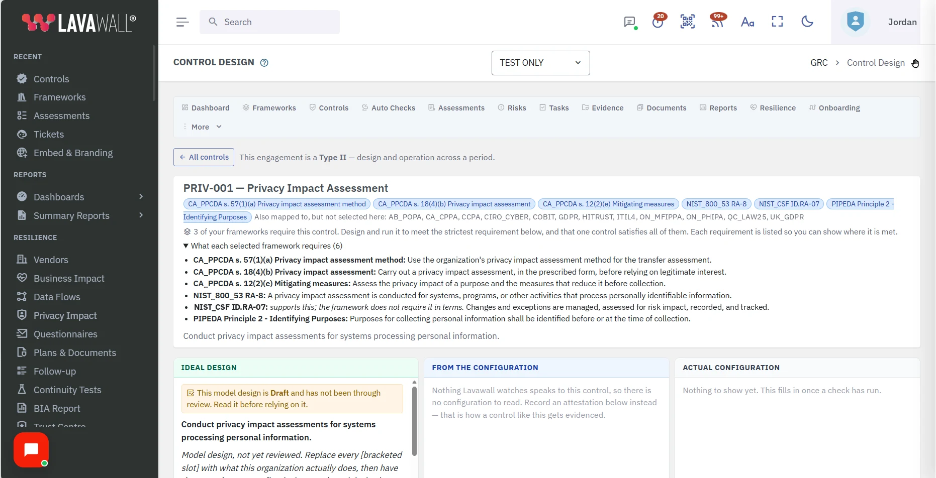 The PRIV-001 Privacy Impact Assessment control, tagged with the PPCDA, NIST SP 800-53, NIST CSF and PIPEDA requirements it meets, and the wording of each requirement. The NIST CSF line is marked as supporting, not required.