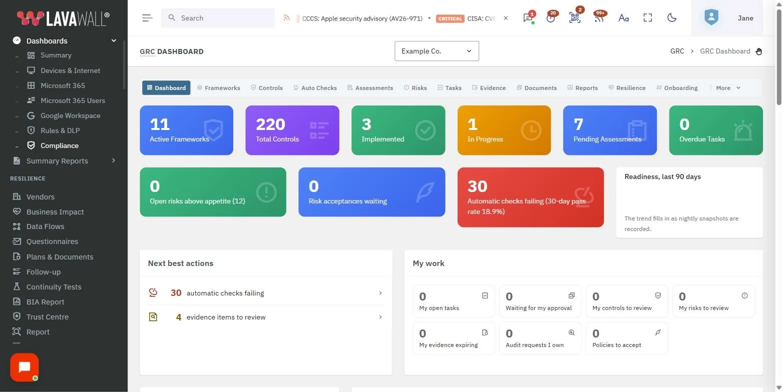 La page Tableau de bord de conformité de la console Lavawall, avec les tuiles du sommaire, les tuiles de risques et de vérifications, les prochaines meilleures actions et le profil d’exploitation, avec des données d’exemple.