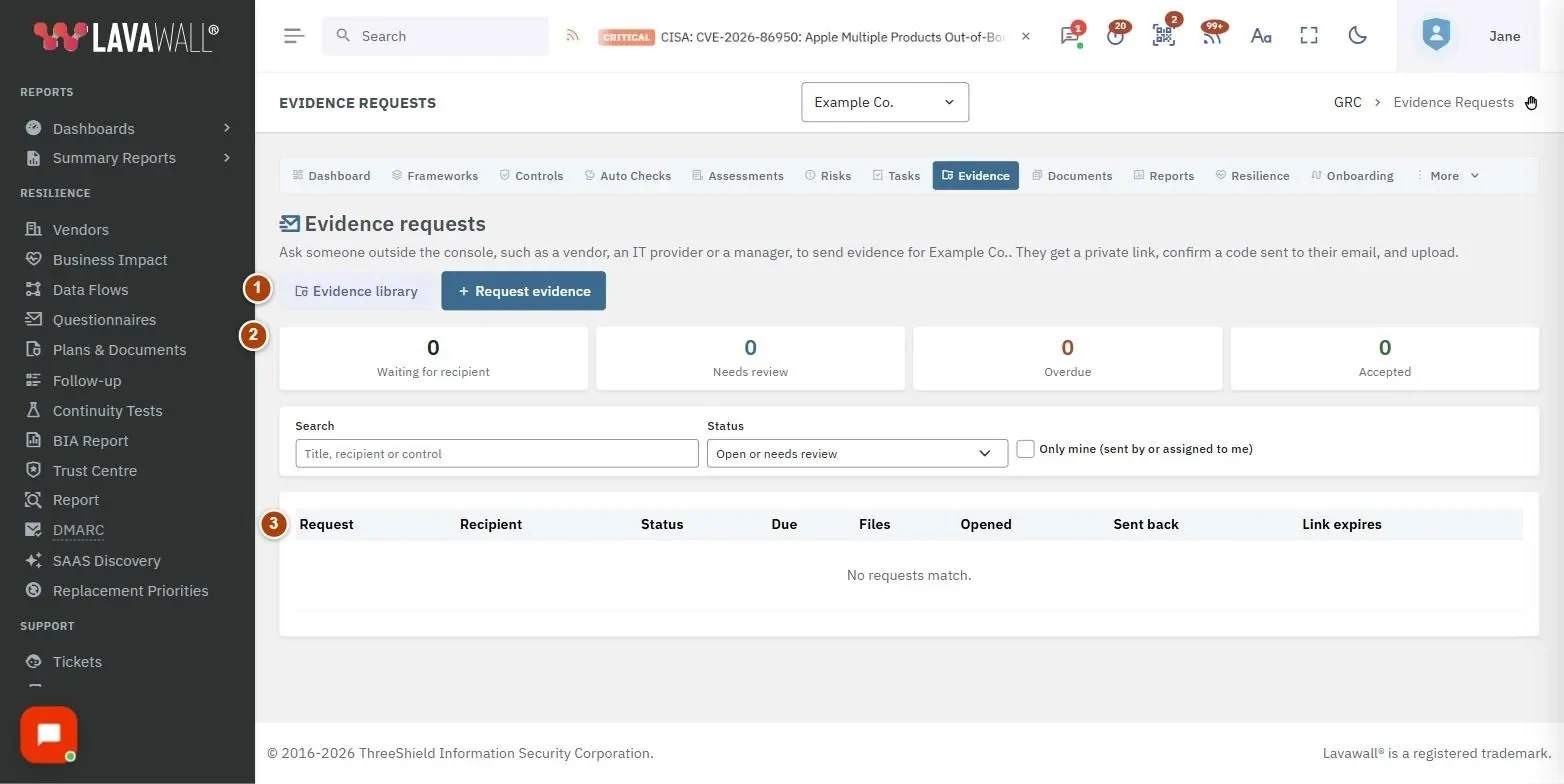 The Evidence Requests page, with the header, summary cards, filters, requests table and request evidence numbered 1 to 5.
