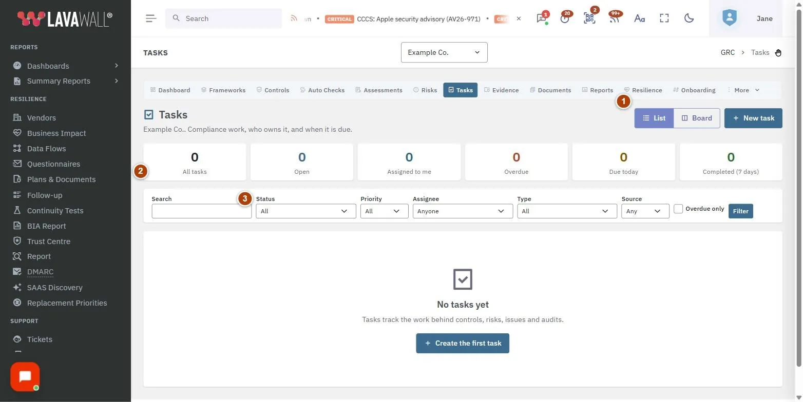 The Compliance Tasks page, with the list, board and new task, summary cards, filters, task list and task dialog numbered 1 to 5.