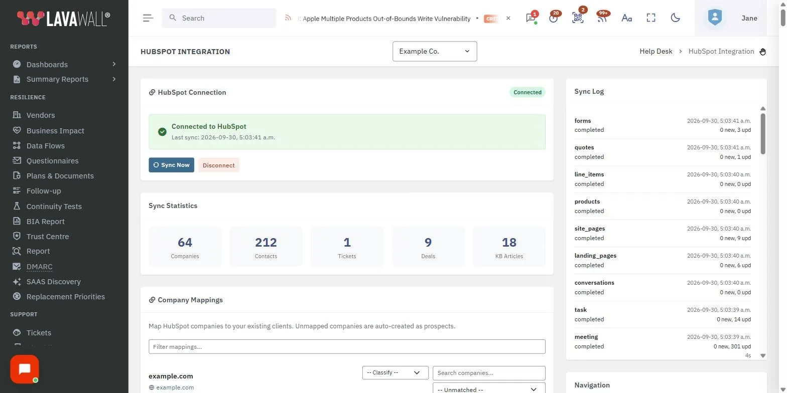La page Intégration HubSpot dans la console Lavawall, montrant la connexion HubSpot, les statistiques de synchronisation, les correspondances d&rsquo;entreprises et le journal de synchronisation, avec des données d&rsquo;exemple.