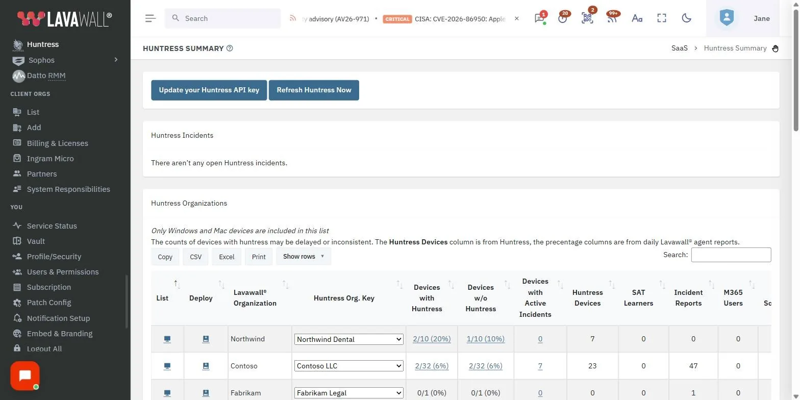 La page Sommaire Huntress de la console Lavawall, qui montre la configuration, la progression de la configuration de Huntress, les incidents Huntress et les organisations Huntress, avec des données d’exemple.
