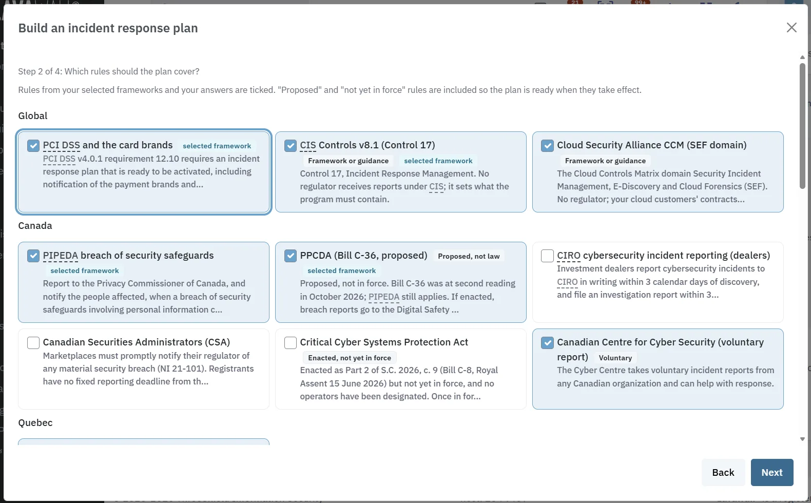 Step 2 of the Build an incident response plan wizard: rules grouped by region, with PCI DSS, CIS Controls, PIPEDA and the PPCDA ticked and marked as selected frameworks.