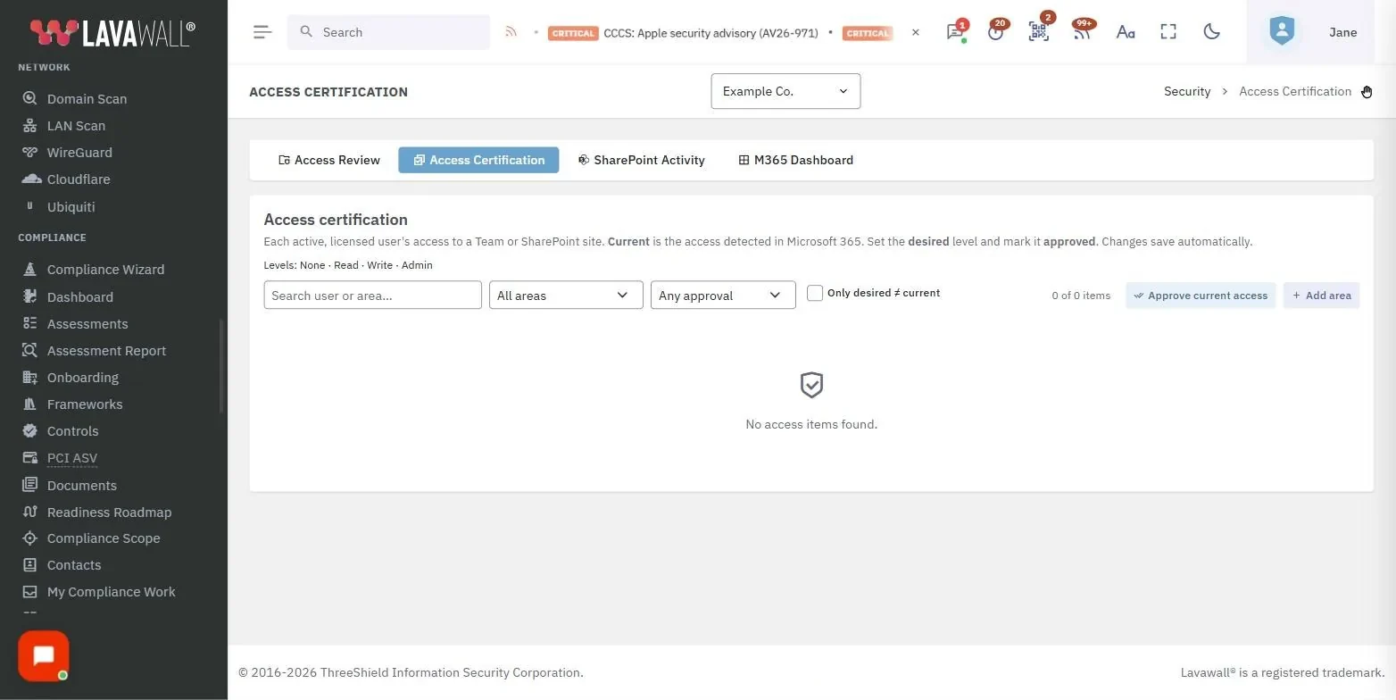 La page Certification des accès de la console Lavawall, qui présente la barre d’outils, le nombre d’éléments et les actions, et le tableau de certification, avec des données d’exemple.