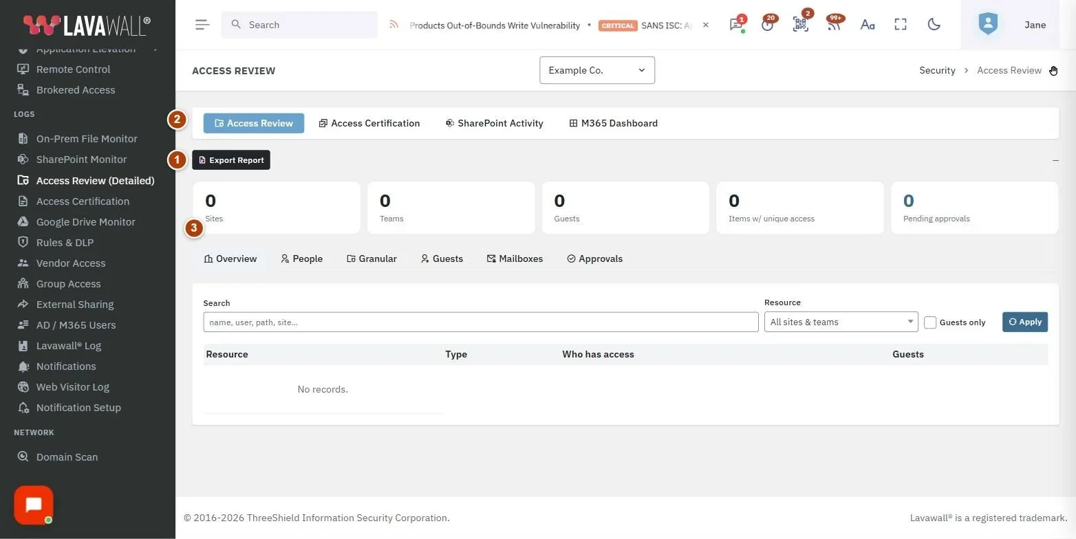 The Access Review page, with the export report, summary tiles, tabs, filters and results table numbered 1 to 5.