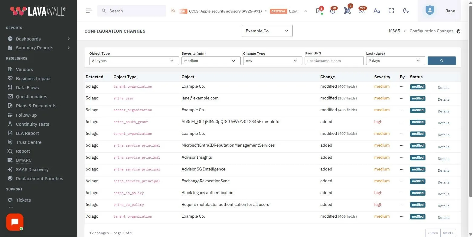 La page Changements de configuration de la console Lavawall, avec les filtres, le tableau des changements, la pagination et le détail d’un changement, à partir de données d’exemple.