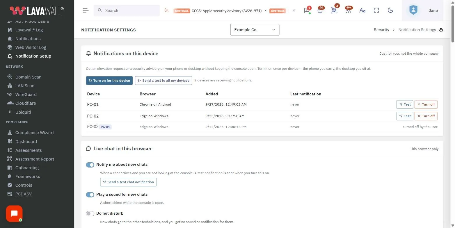 La page Configuration des notifications de la console Lavawall, qui présente les notifications sur cet appareil, le clavardage en direct dans ce navigateur, d’autres paramètres de notification et les incidents du fournisseur de services, avec des données d’exemple.