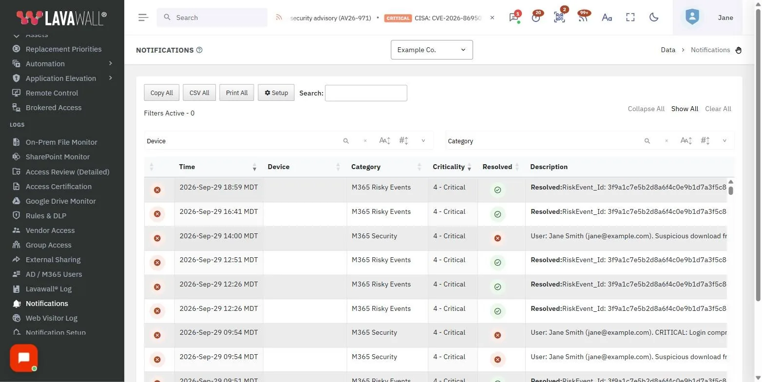 La page Notifications de la console Lavawall, qui présente la barre d’outils, les volets de filtres et le tableau des notifications, avec des données d’exemple.