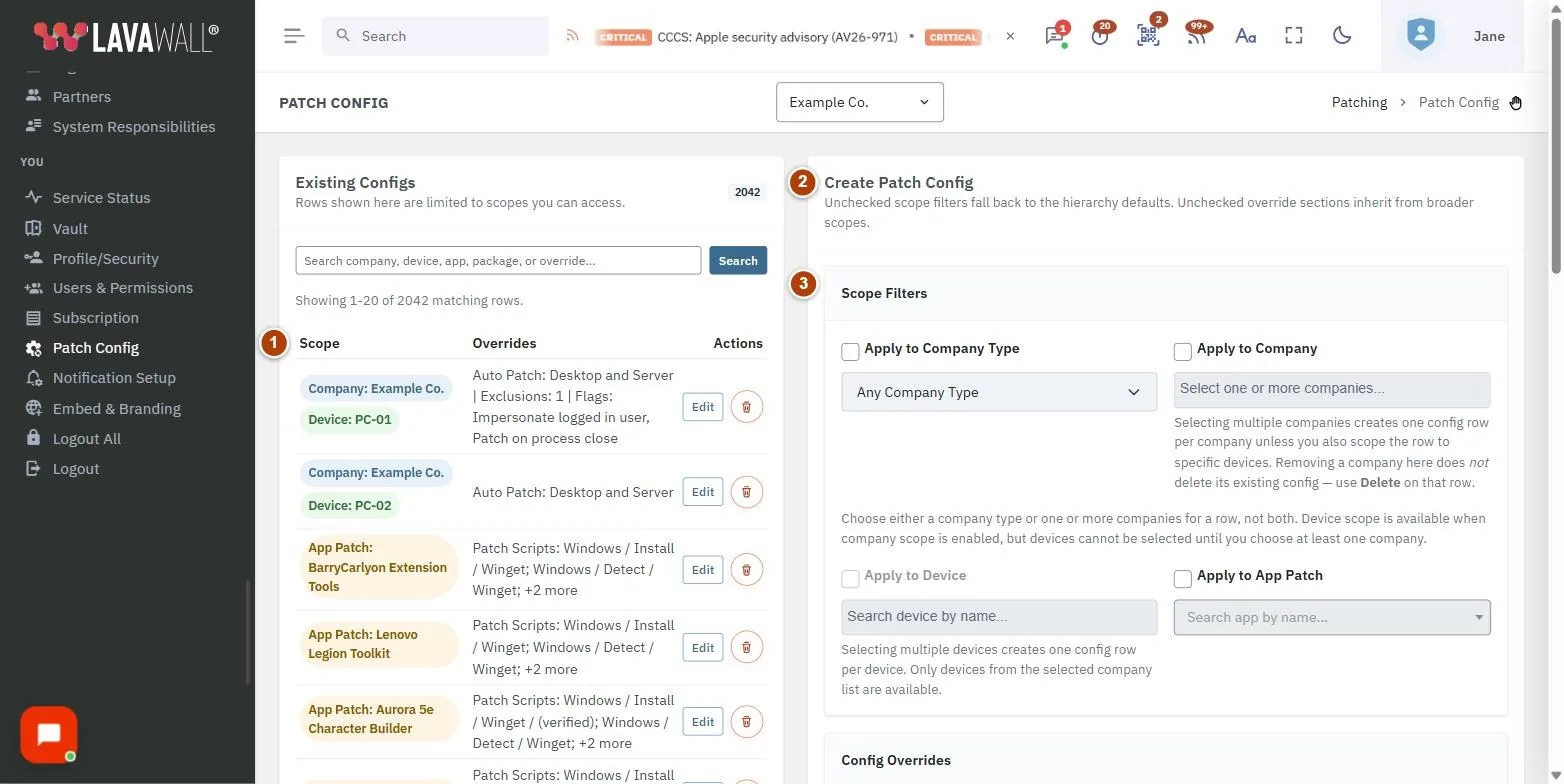 The Patch Config page, with the config list, create patch config, scope filters, override sections and save config numbered 1 to 5.