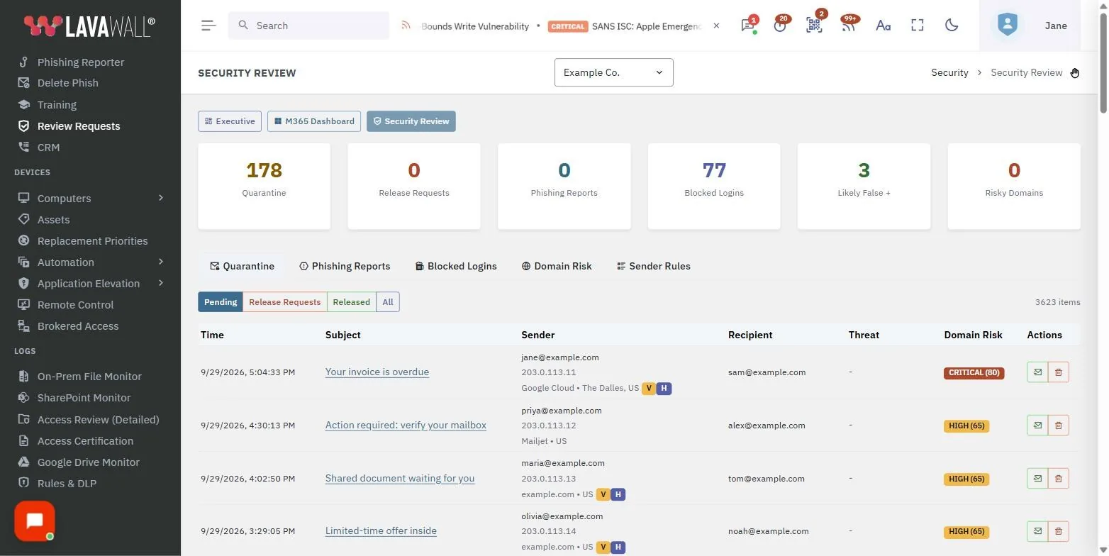 La page Examen de sécurité de la console Lavawall, avec les entreprises nécessitant un examen de sécurité, les cartes sommaires, les onglets et la liste de mise en quarantaine, à partir de données d’exemple.
