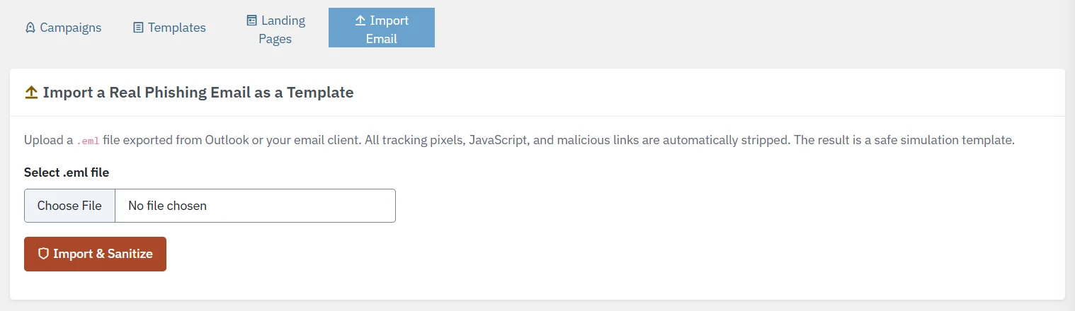 L’onglet Import Email de la page Phishing Simulations dans la console Lavawall, avec une zone pour choisir un fichier .eml et un bouton Import & Sanitize.