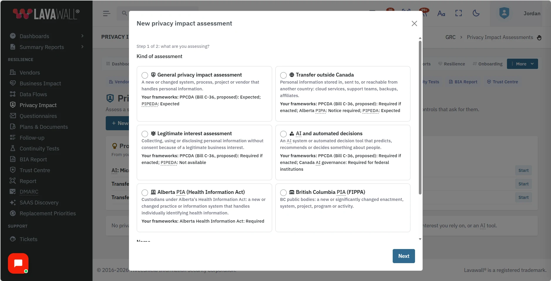 Step 1 of the New privacy impact assessment wizard, with six kinds of assessment. Each card says what your selected frameworks expect, such as the PPCDA requiring a transfer assessment if enacted.