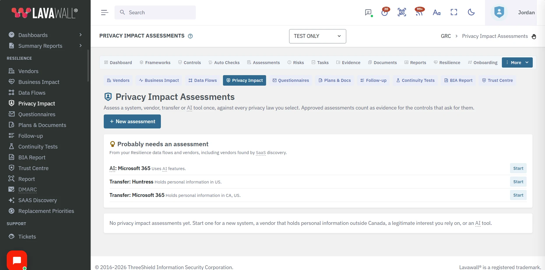 The Privacy Impact Assessments page with a New assessment button and suggestions under Probably needs an assessment: an AI tool and two transfers of personal information outside Canada.