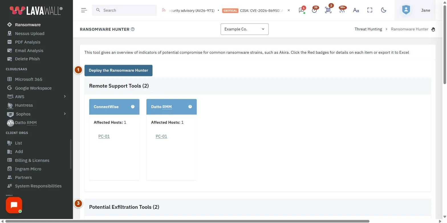 The Ransomware Hunter page, with the deploy the ransomware hunter, remote support tools, potential exfiltration tools, suspicious processes, table buttons and results table numbered 1 to 6.