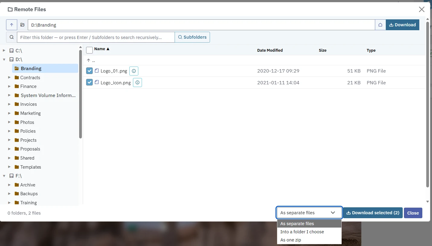Remote Files: a folder tree of the computer on the left, two selected files on the right, and Download selected with the choices As separate files, Into a folder I choose and As one zip.