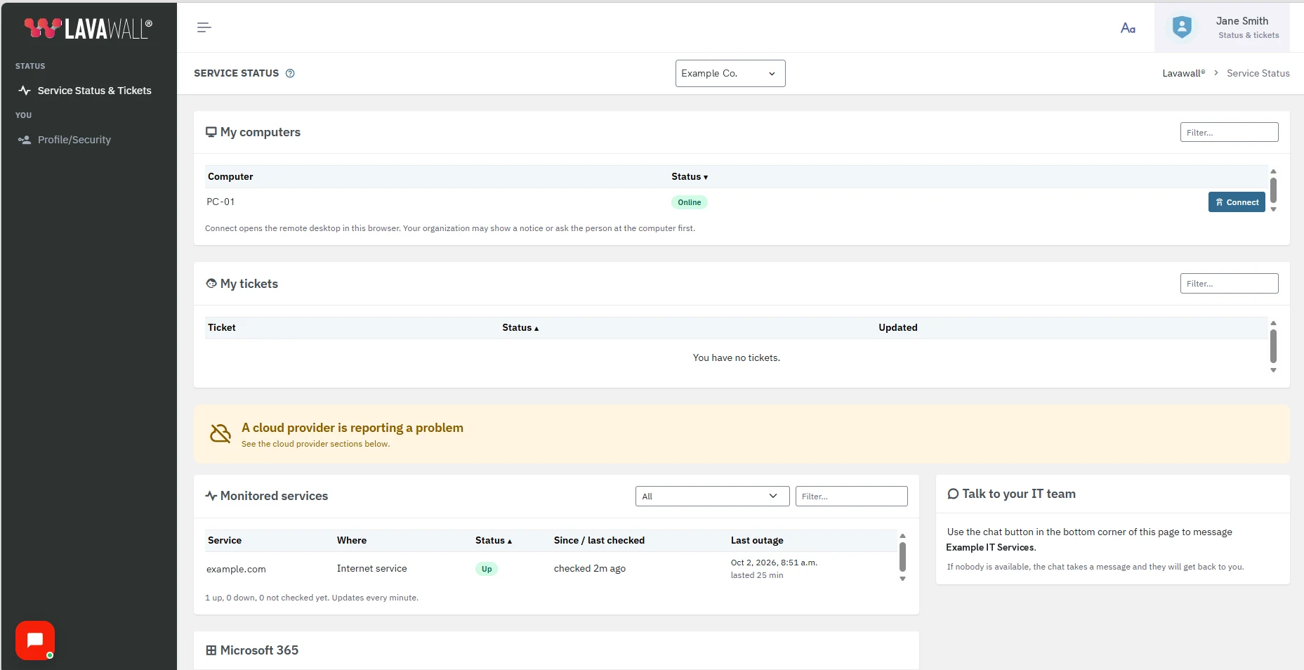 L’état des services pour une personne ayant accès aux statuts et aux tickets : Mes ordinateurs affiche son ordinateur comme En ligne, avec un bouton Connecter, au-dessus de ses tickets et des services dont son organisation dépend.