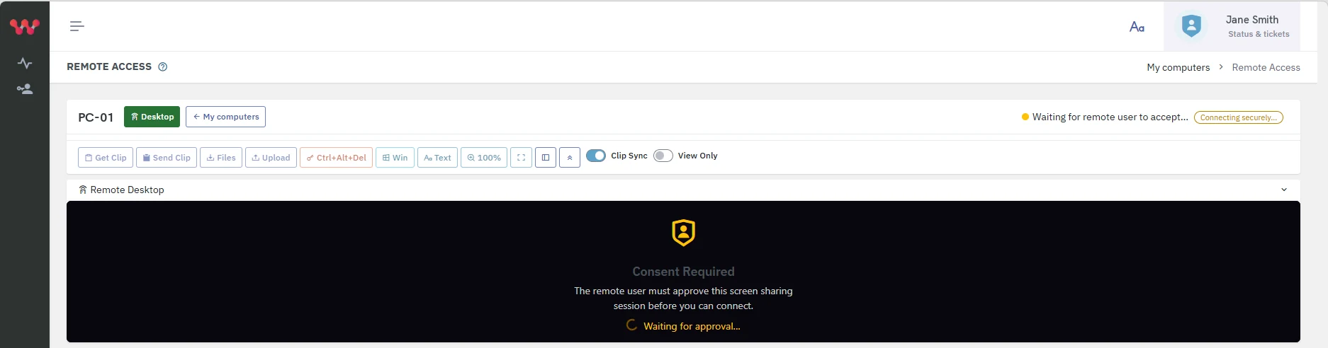 The Remote Access page for PC-01 while the computer asks for approval: Waiting for remote user to accept, and Consent Required, Waiting for approval, where the desktop will appear.