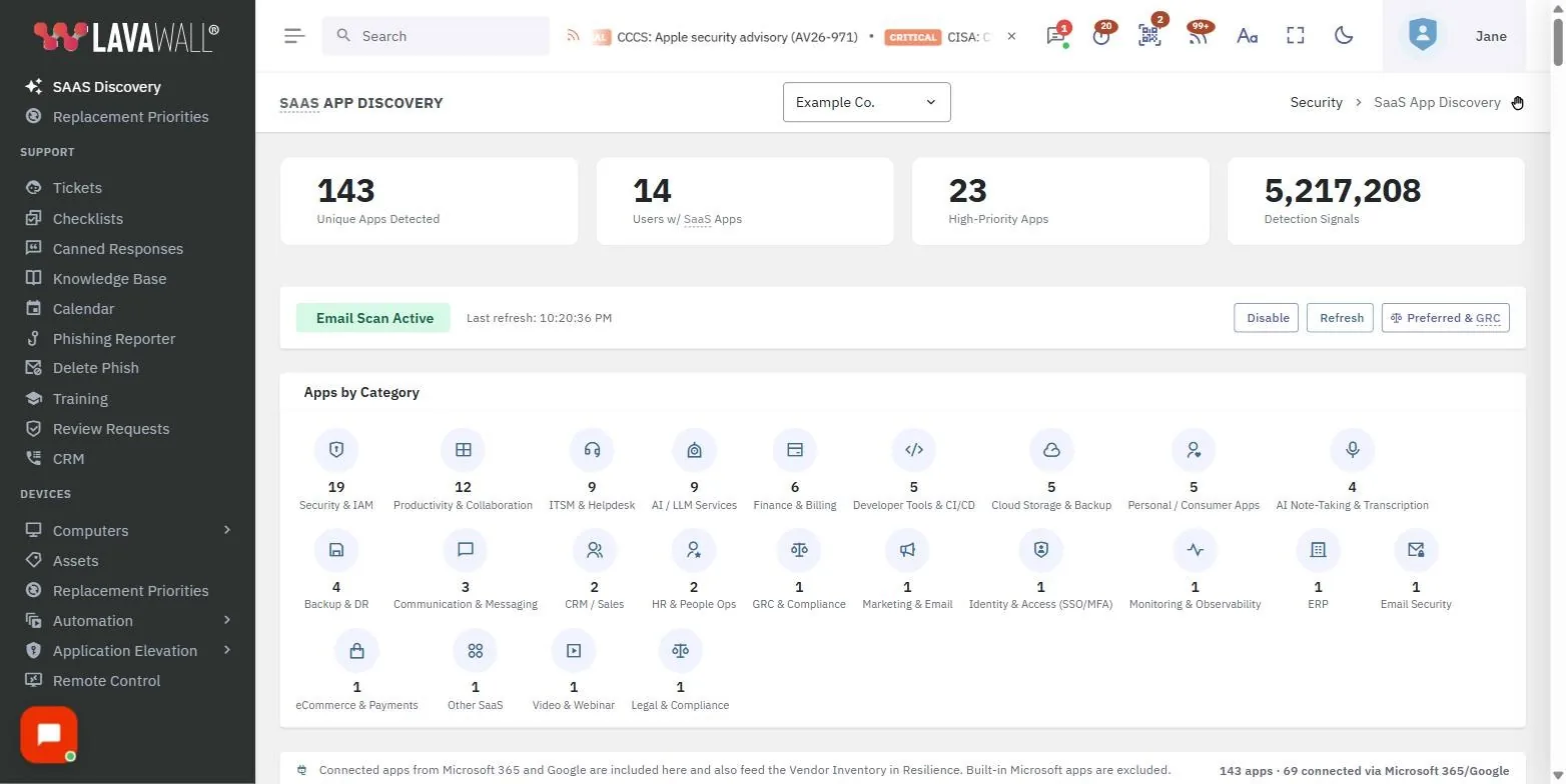 La page Découverte des SaaS dans la console Lavawall, avec les cartes de sommaire, l’état de l’analyse, les applications par catégorie et les vues par application et par utilisateur, à partir de données d’exemple.