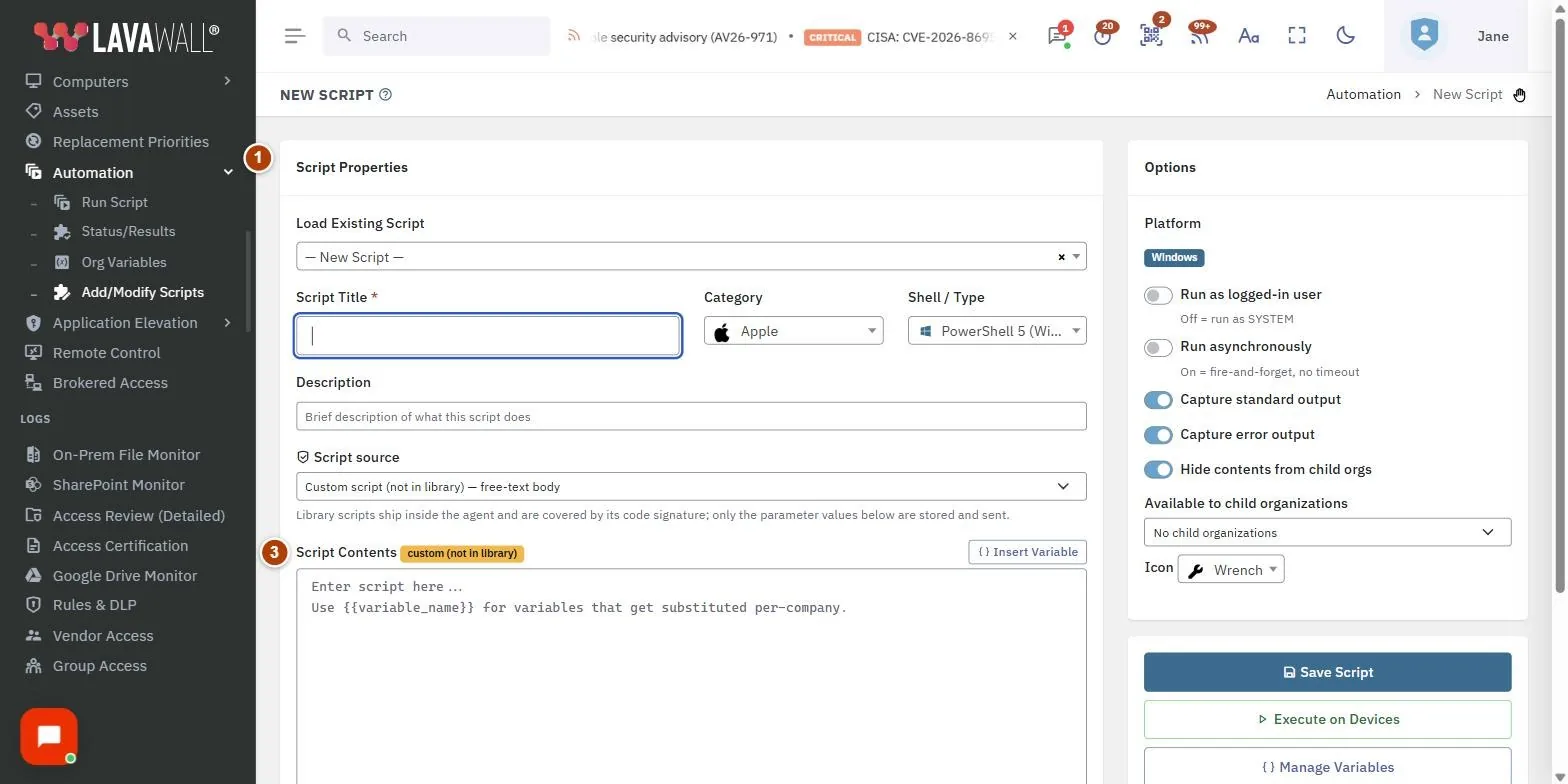 The Add/Modify Scripts page, with the script properties, script source, script contents, detected variables, variable values by company, options and buttons numbered 1 to 7.