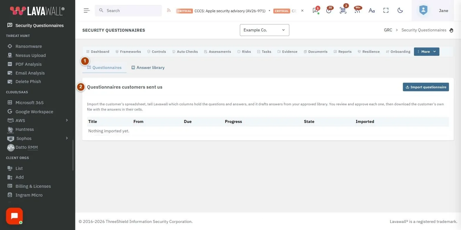 The Security Questionnaires page, with the tabs, questionnaires customers sent us, questionnaire workspace and answer library numbered 1 to 4.
