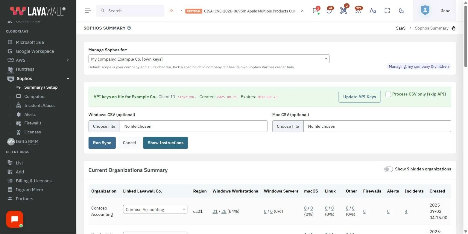La page Sommaire et configuration de Sophos de la console Lavawall, qui présente la gestion de Sophos pour, l’état des clés d’API, le formulaire de connexion et les barres de progression, avec des données d’exemple.
