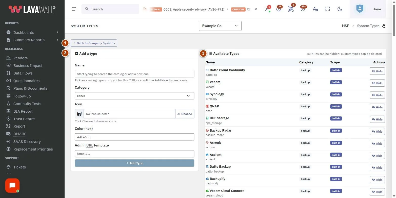 The System Types page, with the back to company systems, add a type and available types numbered 1 to 3.