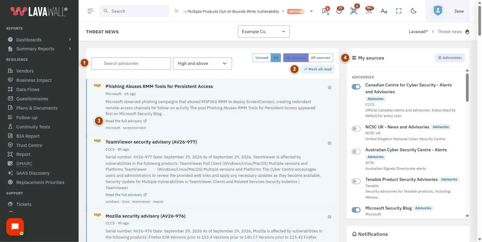 The Threat News page, with the search and filters, mark all read, advisory list, my sources and notifications numbered 1 to 5.