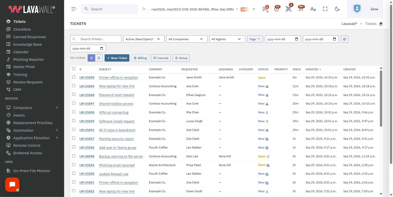 La page Tickets de la console Lavawall, affichant la barre d’outils, la barre d’actions groupées, la liste des tickets et la fenêtre d’un ticket, avec des données d’exemple.