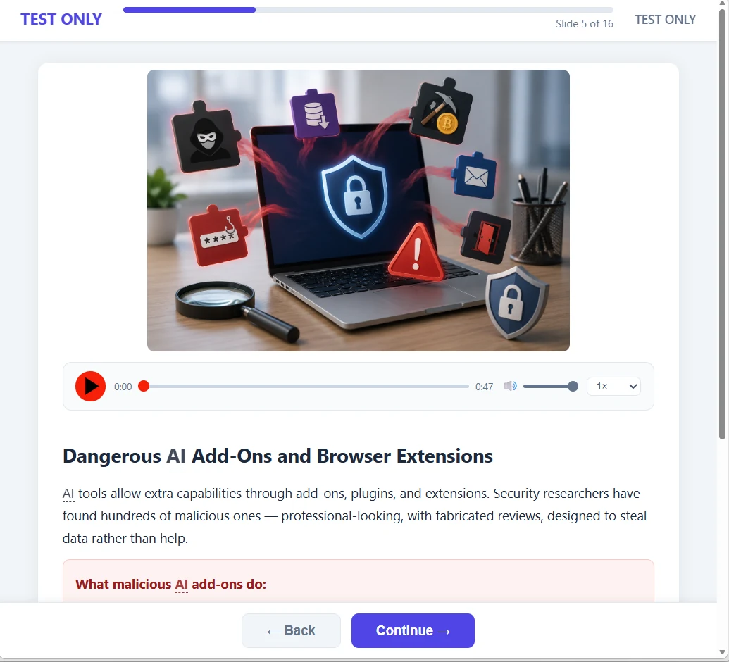 A training course slide titled Dangerous AI Add-Ons and Browser Extensions, with narration controls, a progress bar showing slide 5 of 16, and Back and Continue buttons.