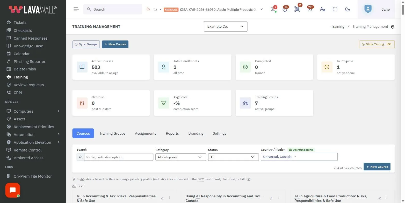 The Training Management page in the Lavawall console, showing the actions and summary cards, sections, courses and course card menu, with example data.