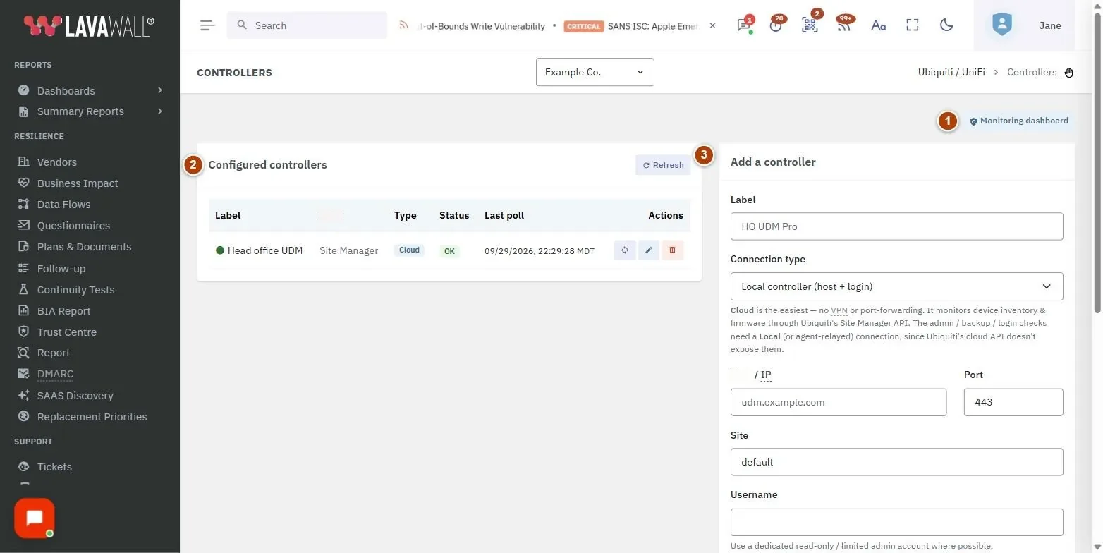 The UniFi Controllers page, with the monitoring dashboard, configured controllers and add a controller numbered 1 to 3.