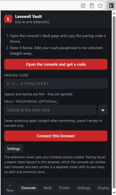 La fenêtre de l’extension Lavawall Vault, avec Ouvrir la console et obtenir un code, une zone Code de jumelage, une zone facultative Phrase secrète du coffre-fort et Connecter ce navigateur.