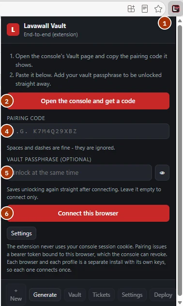 La fenêtre de l’extension Lavawall Vault ouverte depuis la barre d’outils du navigateur, numérotée : 1 le bouton de l’extension, 2 Open the console and get a code, 4 la zone Pairing code, 5 la zone facultative Vault passphrase et 6 Connect this browser.