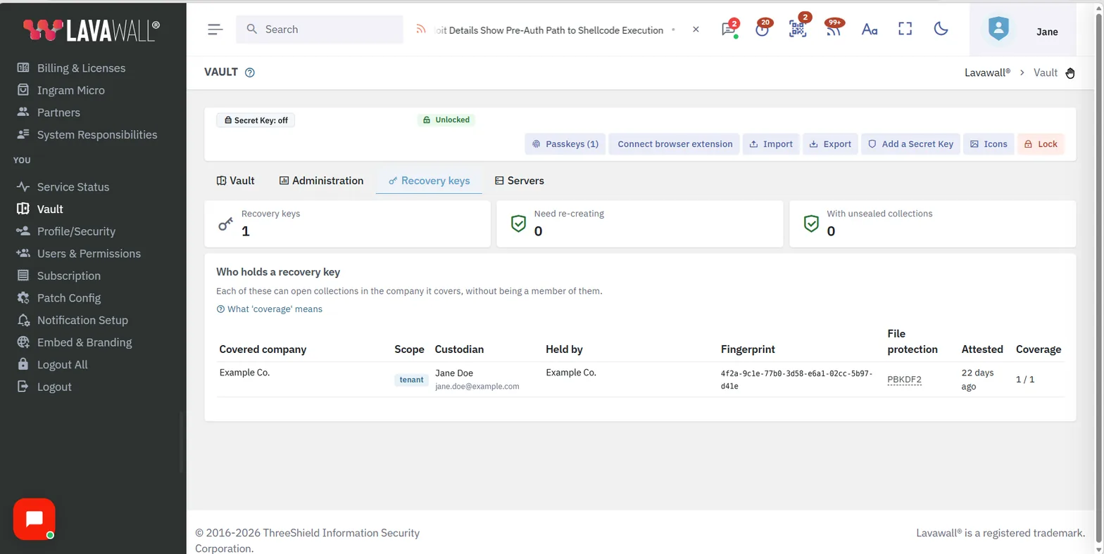 L’onglet Recovery keys : le nombre de clés de récupération, de clés à recréer et de collections non scellées, et un tableau indiquant qui détient une clé de récupération, avec son empreinte, sa protection de fichier, sa date d’attestation et sa couverture.
