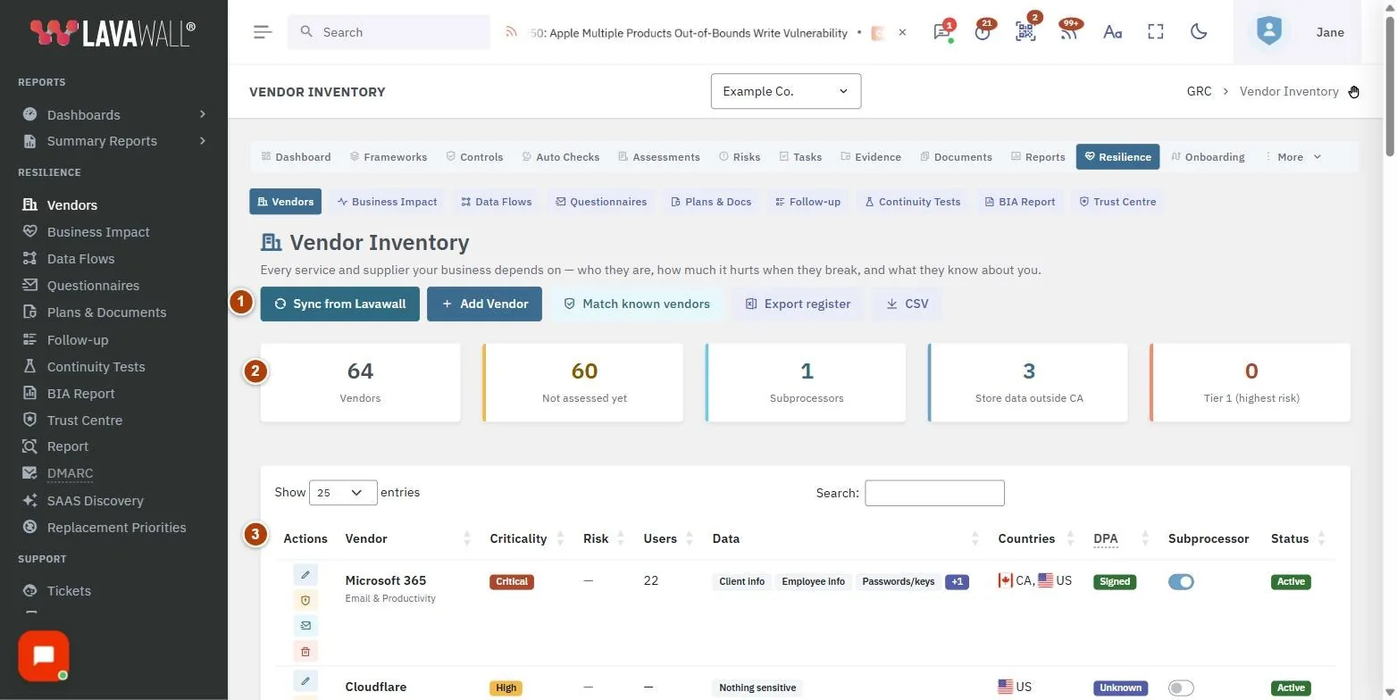 The Vendor Inventory page, with the toolbar, summary tiles, vendor table, row actions and add a vendor numbered 1 to 5.