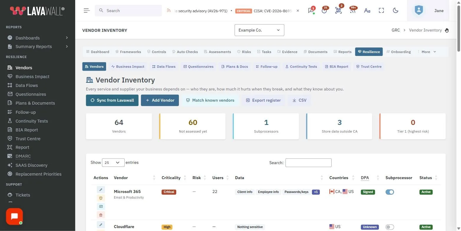 The Vendor Inventory page in the Lavawall console, showing the toolbar, summary tiles, vendor table and row actions, with example data.