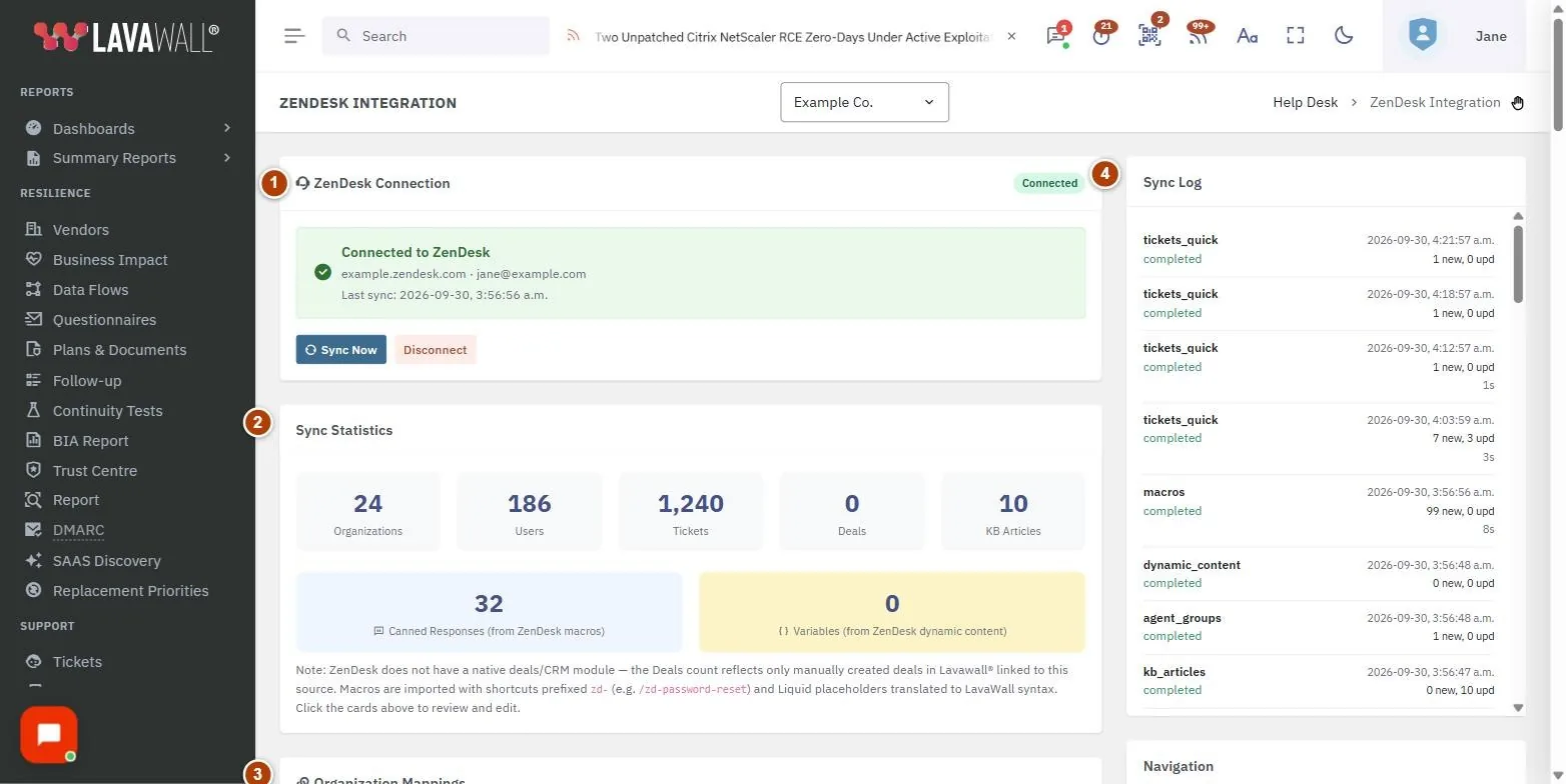 The ZenDesk Integration page, with the zendesk connection, sync statistics, organization mappings, sync log and navigation numbered 1 to 5.