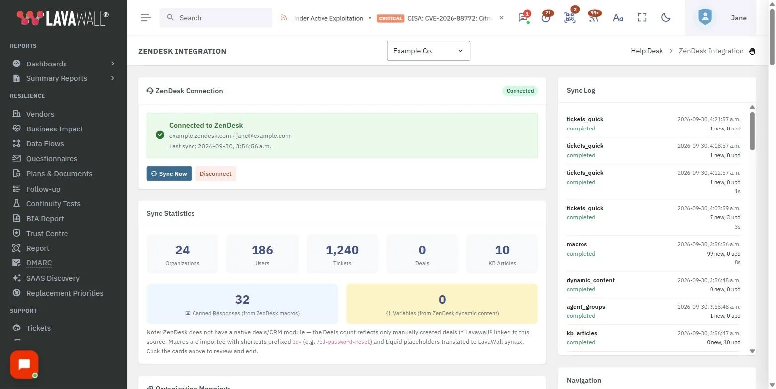 La page Intégration ZenDesk de la console Lavawall, qui montre la connexion zendesk, les statistiques de synchronisation, les correspondances d’organisations et le journal de synchronisation, avec des données d’exemple.