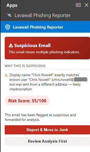 the instant risk verdict the user sees in Outlook: a plain-language reason, a risk score, and one-tap Report or Review actions
