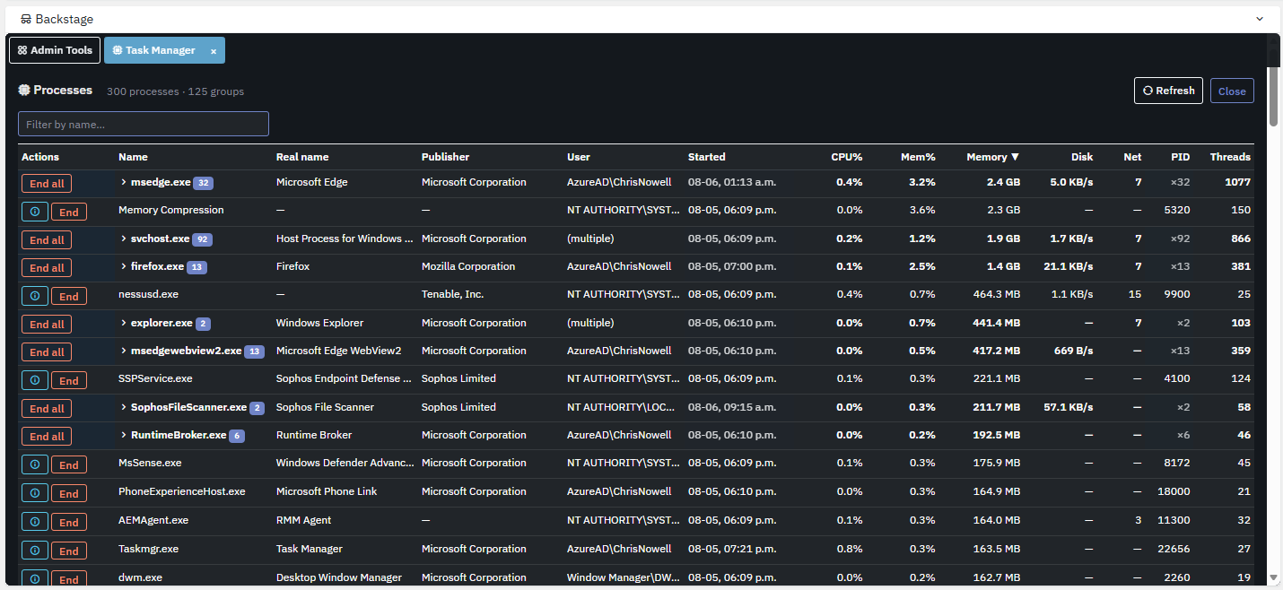An enriched Task Manager that groups processes and shows instant CPU, memory, disk, network and thread statistics